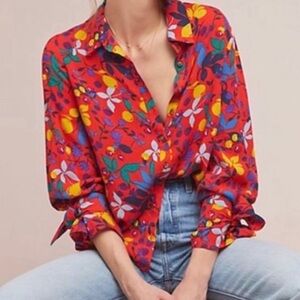 Maeve Anthropologie | Blithe Button Front Blouse Top Floral Citrus Red Size 6